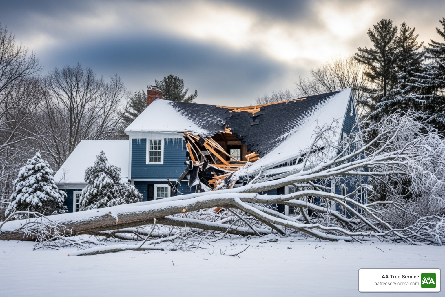 large branch fallen on a house after a New England storm - branch removal service
