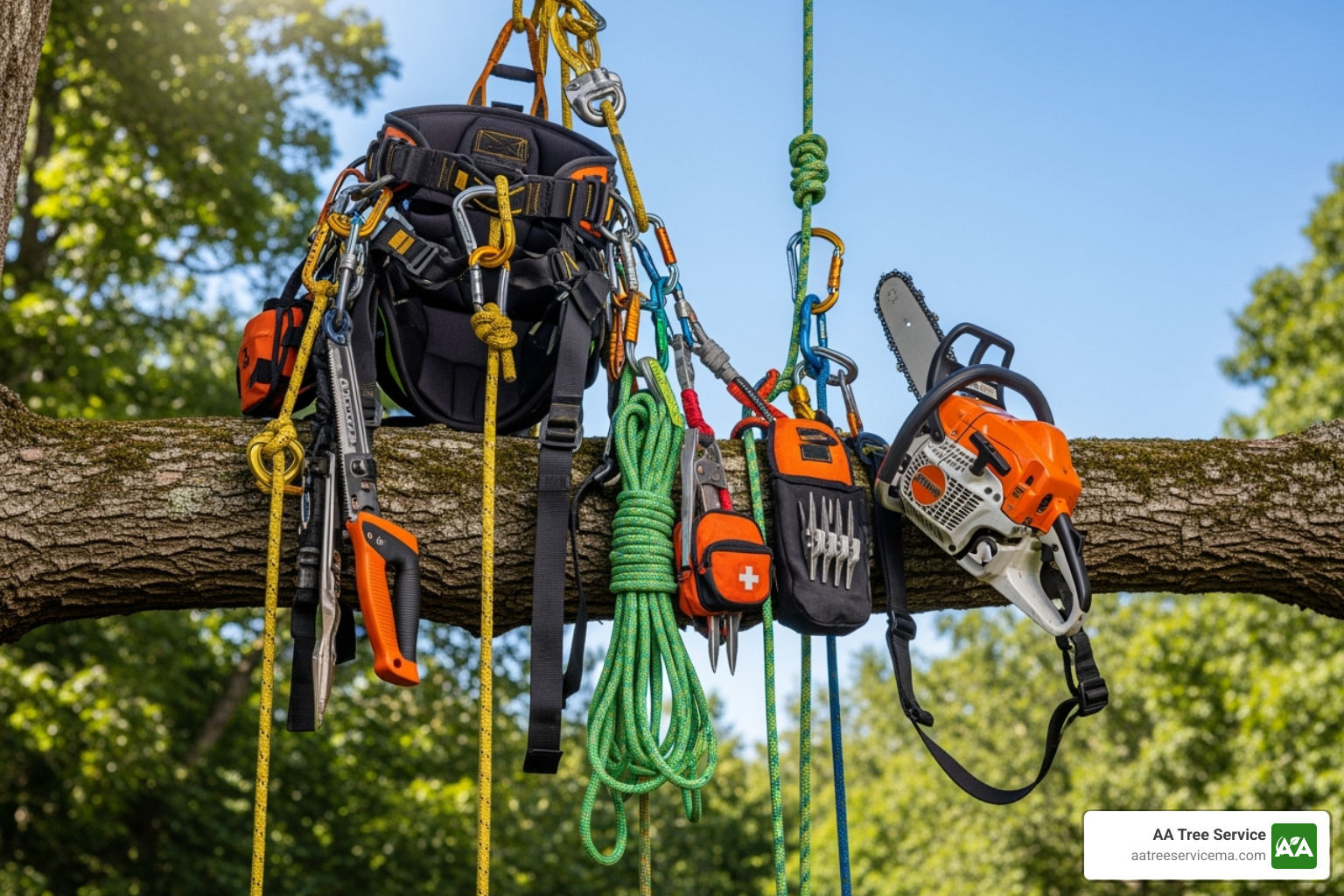 certified arborist with safety gear using a chainsaw high in a tree - branch removal service