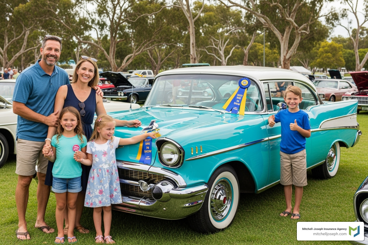 Happy family standing next to their classic car with a Best in Show ribbon - Classic car insurance requirements NY