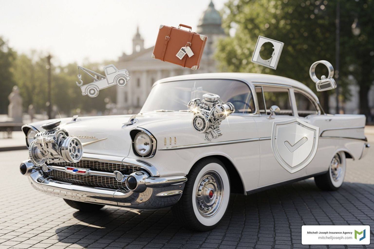 Classic car with various optional coverage icons - Classic car insurance requirements NY