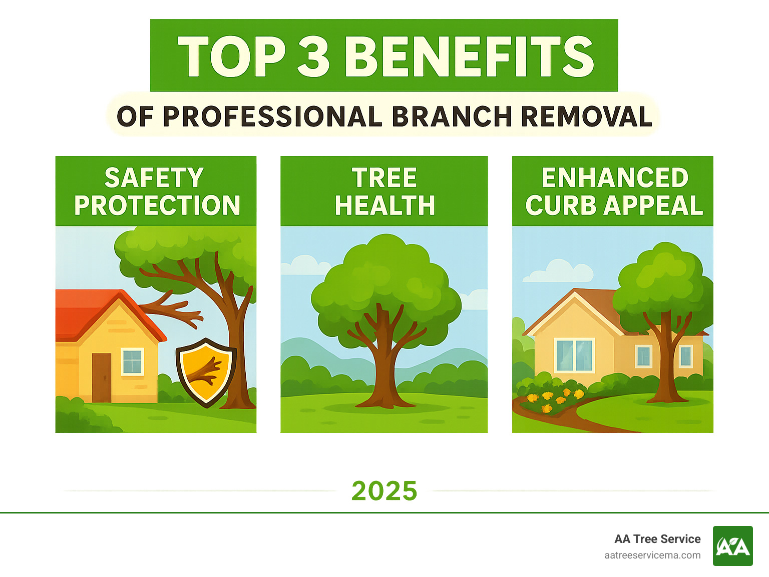 Infographic showing the top 3 benefits of professional branch removal: first panel shows a house protected from falling branches labeled "Safety Protection", second panel shows a healthy tree with proper structure labeled "Tree Health", and third panel shows a beautiful landscaped yard labeled "Improved Curb Appeal" - branch removal service infographic 