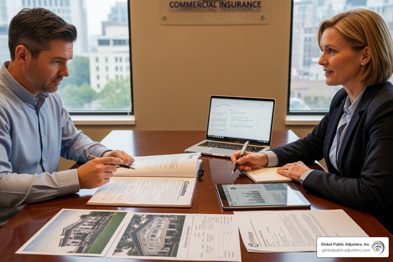 A policy document with a magnifying glass highlighting the fine print - Commercial insurance claims process