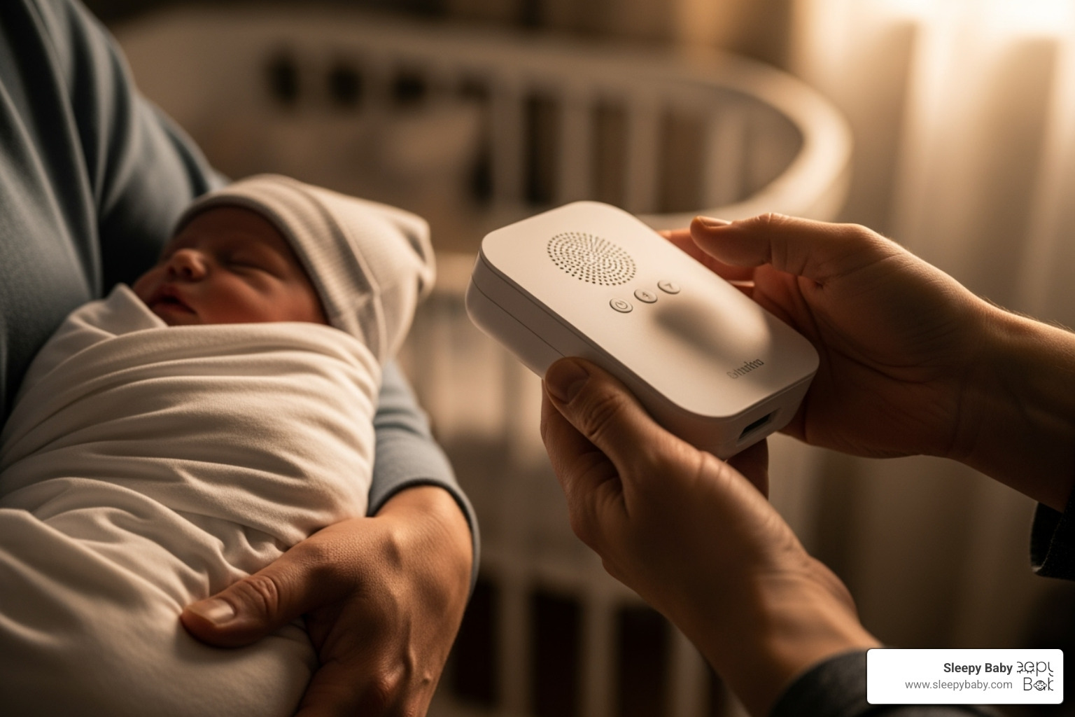 parent choosing between a swaddle and a white noise machine - best sleep aid for infants