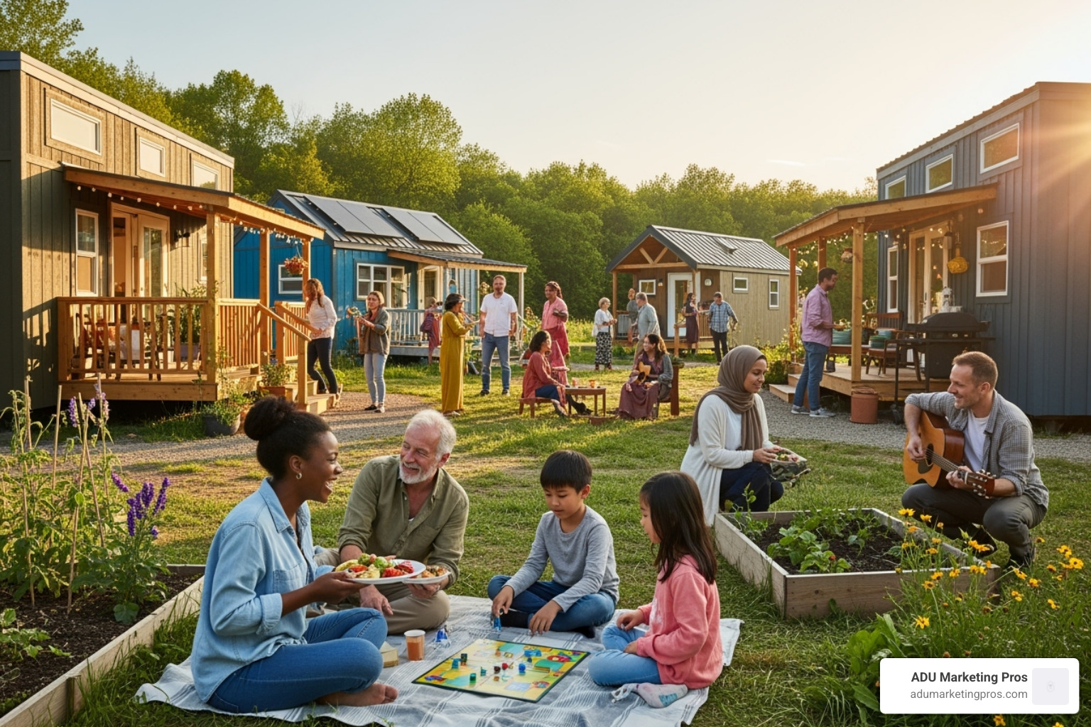 Diverse group enjoying community gathering in tiny home village - places in southern california that allow tiny houses
