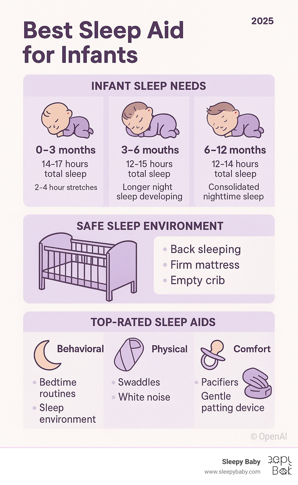 Comprehensive infographic showing infant sleep needs by age groups (0-3 months: 14-17 hours total sleep with 2-4 hour stretches; 3-6 months: 12-15 hours with longer night sleep developing; 6-12 months: 12-14 hours with consolidated nighttime sleep), safe sleep environment basics (back sleeping, firm mattress, empty crib), and top-rated sleep aids categorized by type (behavioral: bedtime routines and sleep environment; physical: swaddles and white noise; comfort: pacifiers and gentle patting devices) - best sleep aid for infants infographic 