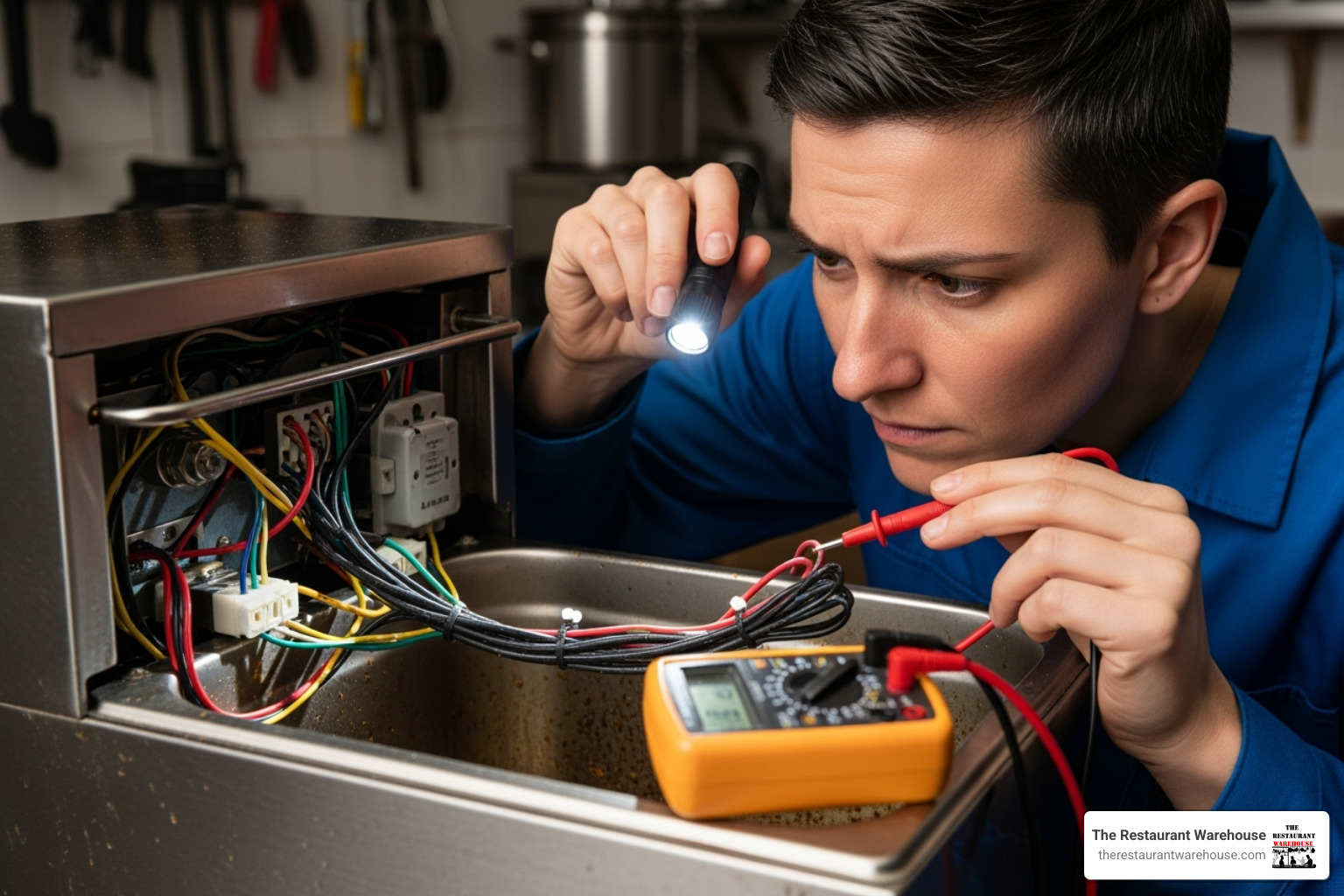 person carefully inspecting the wiring on the back of a used countertop fryer - used food truck appliances