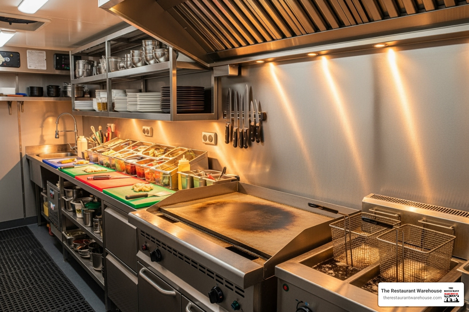 well-organized and compact food truck kitchen interior showcasing various stainless steel appliances - used food truck appliances