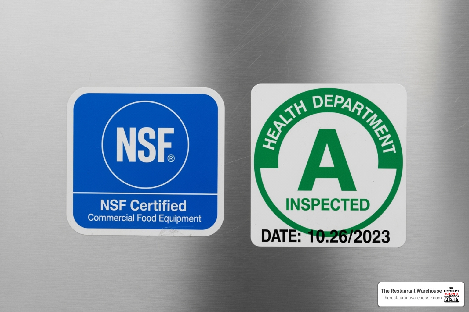 NSF certification seal on a piece of equipment next to a local health inspection sticker - used food truck appliances