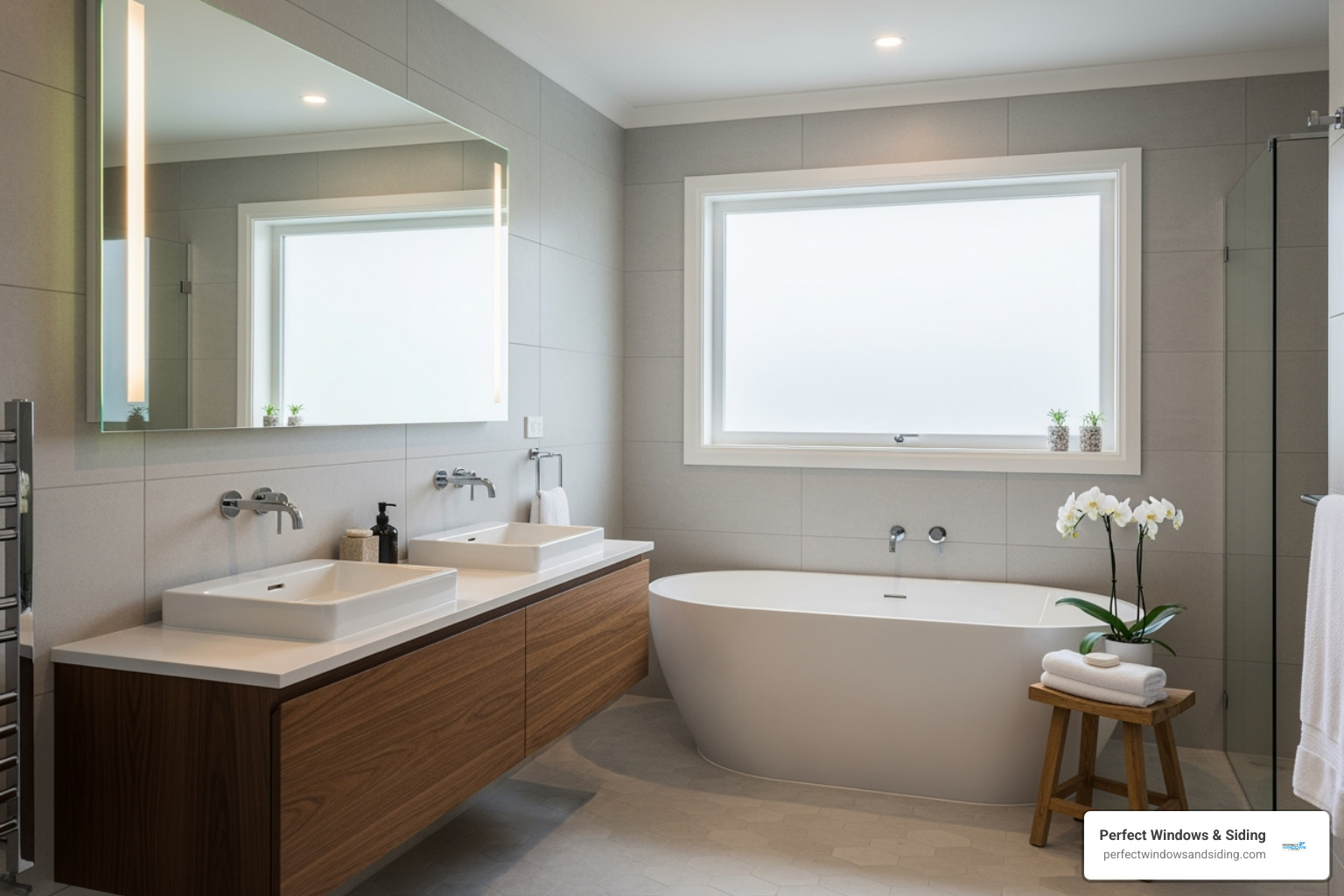 stylish bathroom with high-placed frosted awning window - Awning Windows