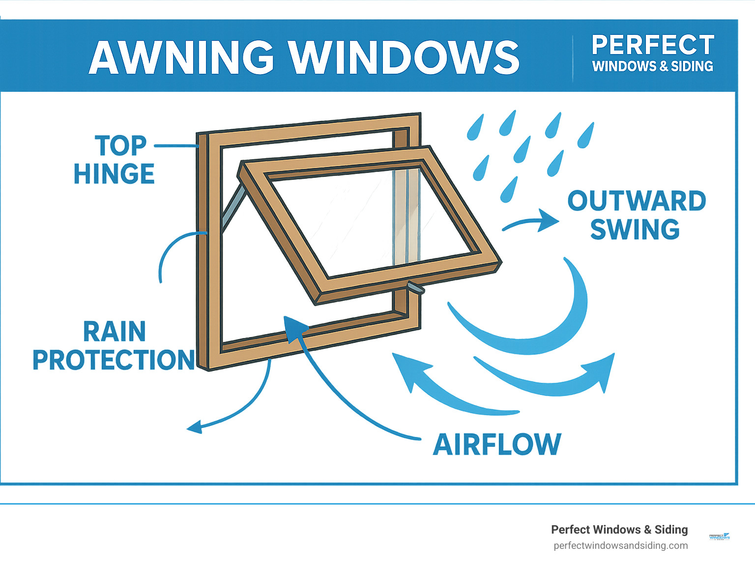 Infographic showing awning window operation with top hinge mechanism, outward swing motion, rain protection capability, and airflow patterns demonstrating how the window creates a canopy effect while allowing ventilation - Awning Windows infographic 