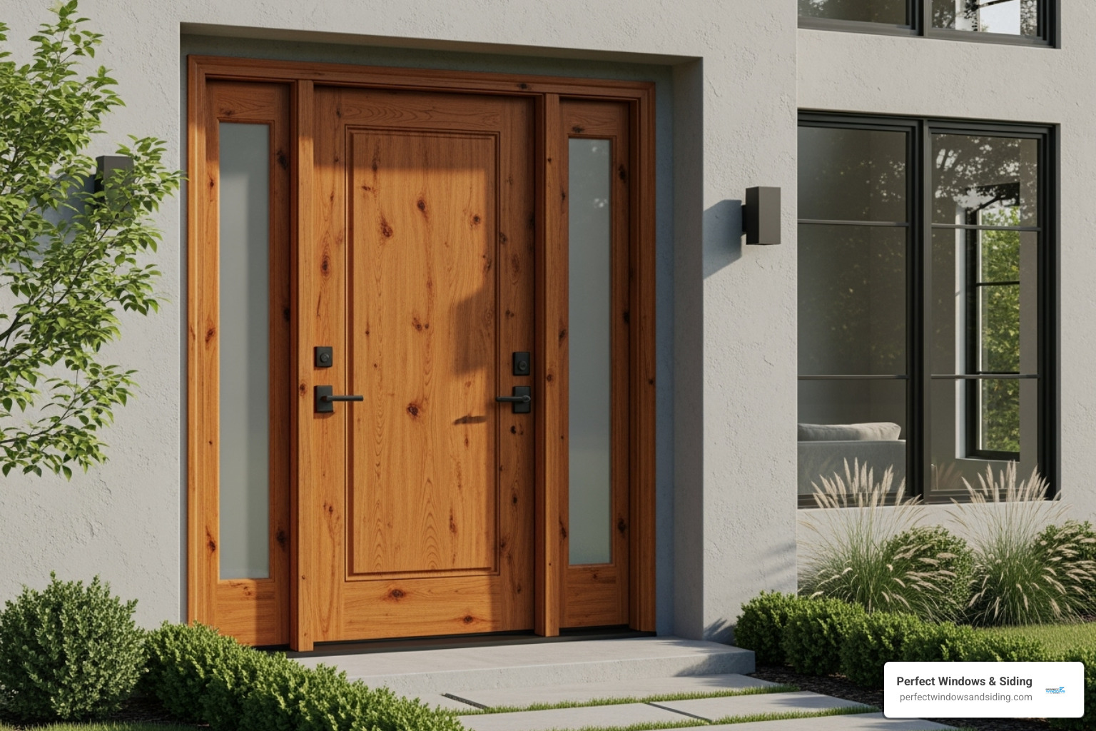 A realistic wood-grain fiberglass door on a modern home, showcasing its authentic appearance - custom entry doors residential
