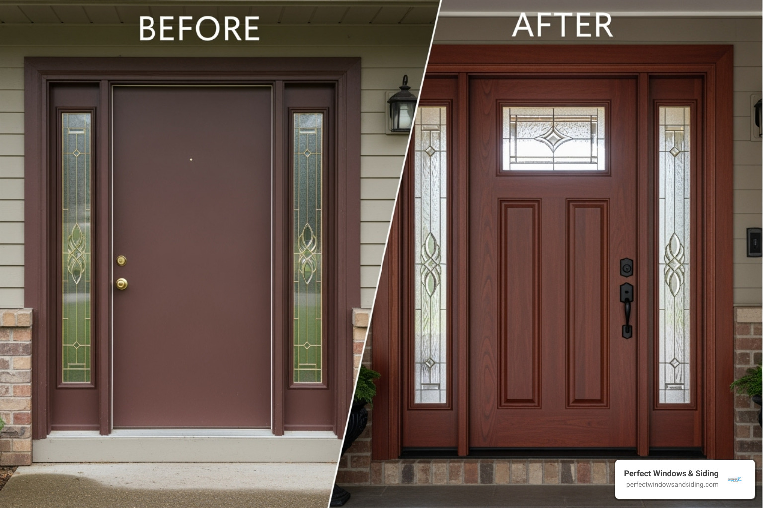 before-and-after of a home entryway, going from a solid door to one with sidelights - custom entry doors with sidelights