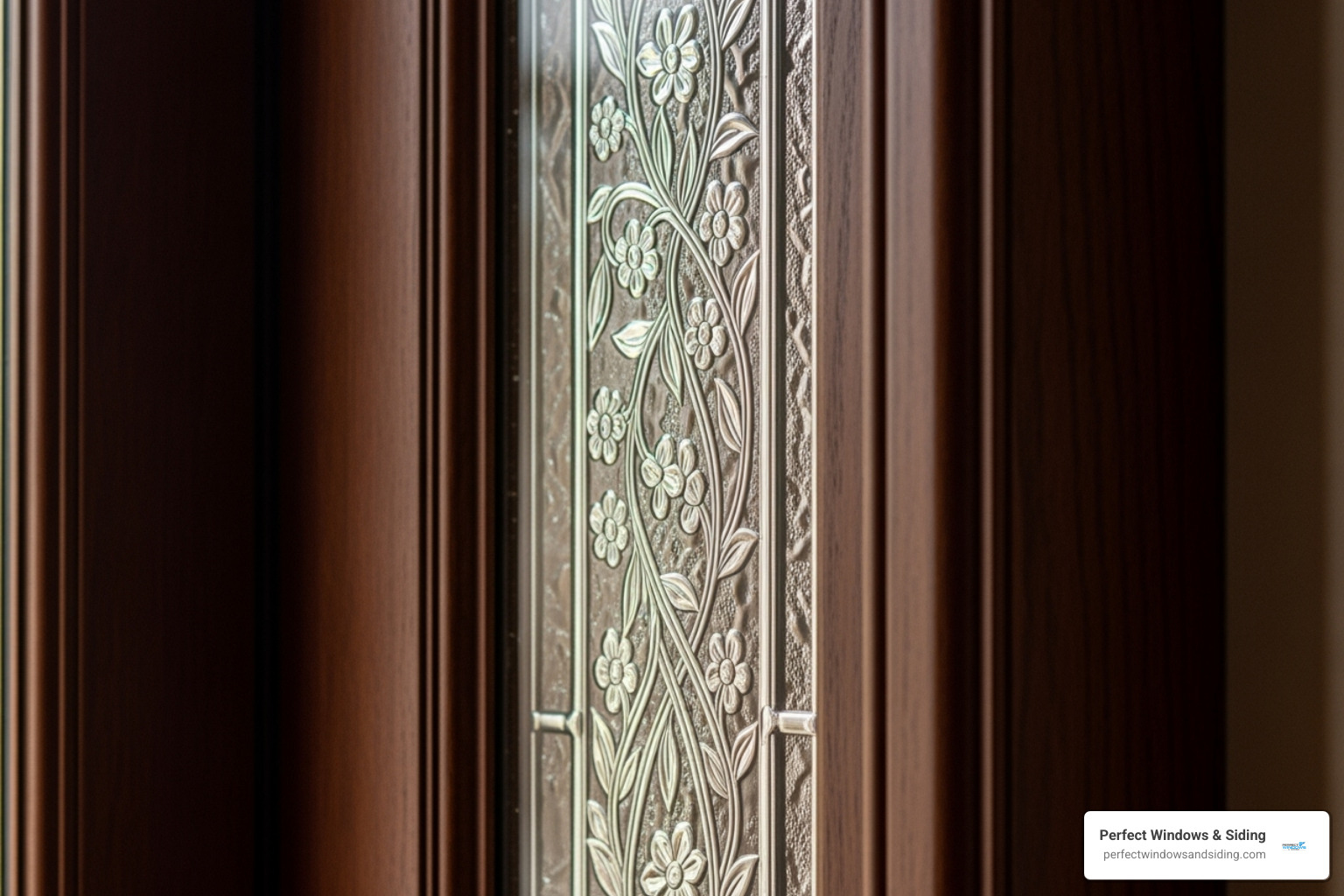 close-up on a sidelight, showing the detail in the glass and frame - custom entry doors with sidelights