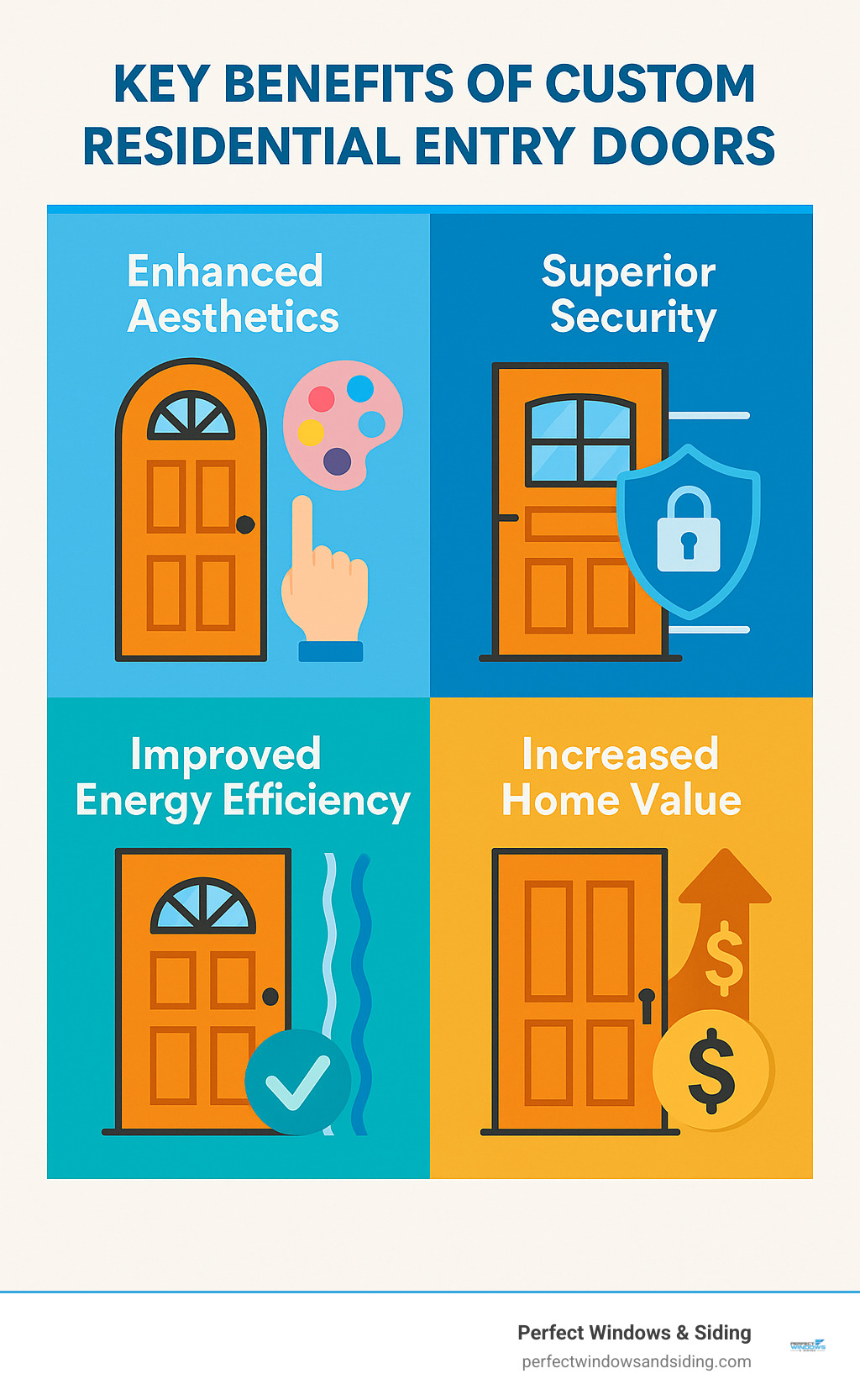 Infographic showing the four key benefits of custom entry doors: Improved Aesthetics with personalized design options, Superior Security through reinforced construction and advanced locking systems, Improved Energy Efficiency via insulated cores and weatherstripping, and Increased Home Value with quality materials and professional installation - custom entry doors residential infographic 