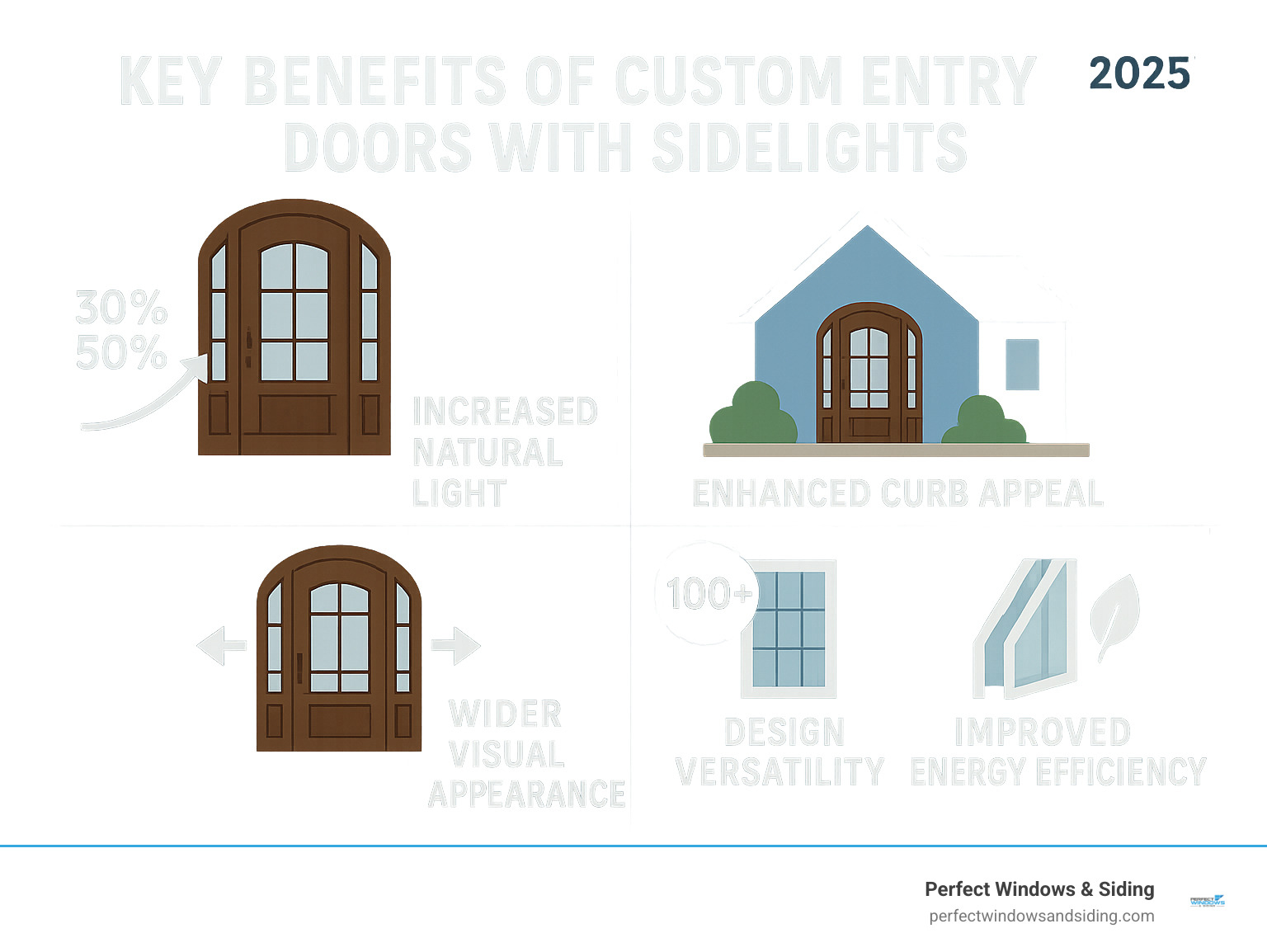 Infographic showing the key benefits of custom entry doors with sidelights: 30-50% more natural light entering the home through vertical glass panels, improved curb appeal with grand entrance design, wider visual appearance making entryways look larger, design versatility with over 100 glass insert options, and improved energy efficiency through modern insulated glass units - custom entry doors with sidelights infographic 