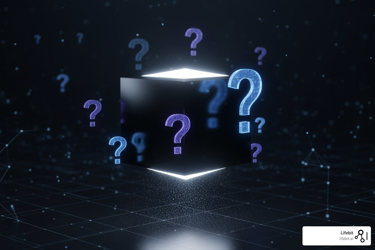 A black box AI model with question marks around it - AI for regulatory compliance