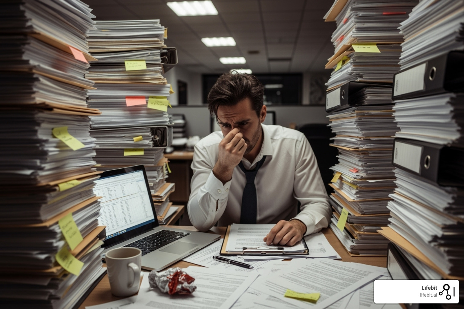 A compliance officer looking stressed surrounded by stacks of paper - AI for regulatory compliance