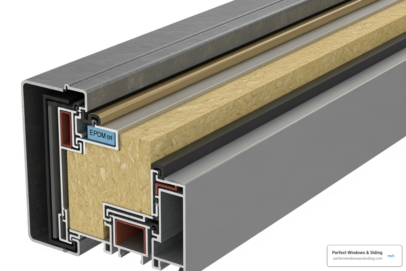 Cross-section of a thermally broken steel door showing the insulation core and the separation between interior and exterior metal components - custom steel residential doors