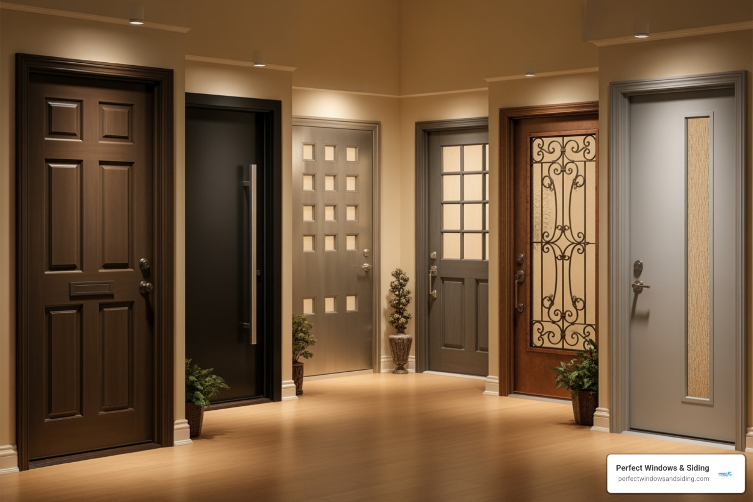 Gallery showcasing various steel door styles, from classic panel to modern pivot, with different glass inserts and finishes - custom steel residential doors