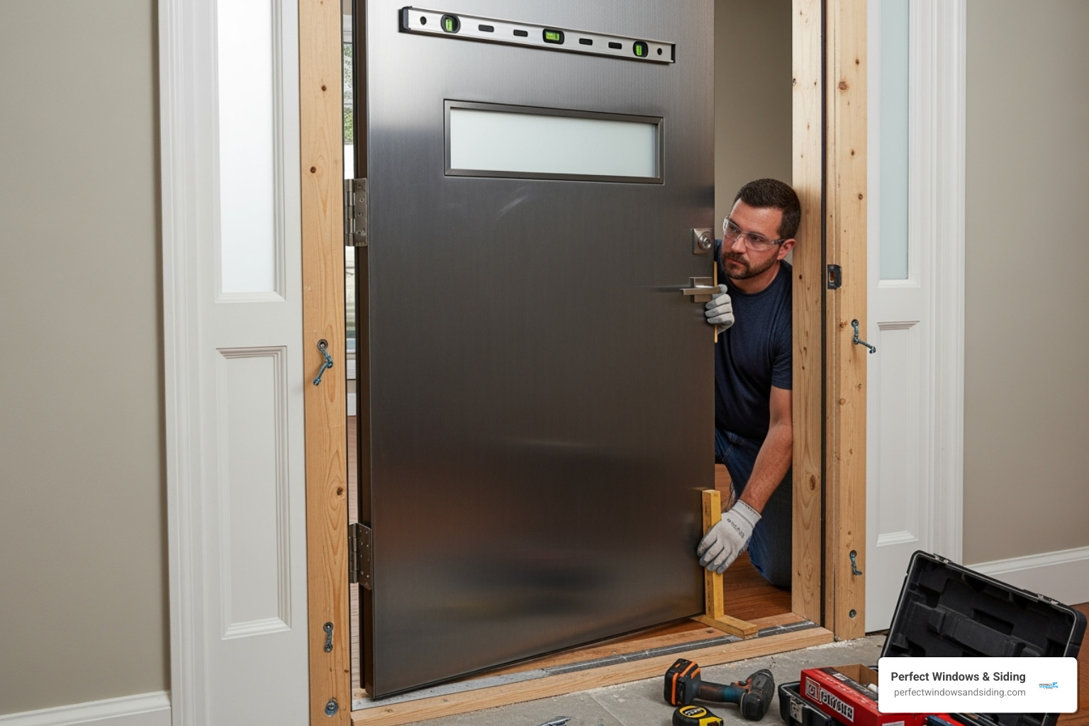 Professional installer carefully fitting a custom steel door into a prepared door frame, ensuring precise alignment and a tight seal - custom steel residential doors
