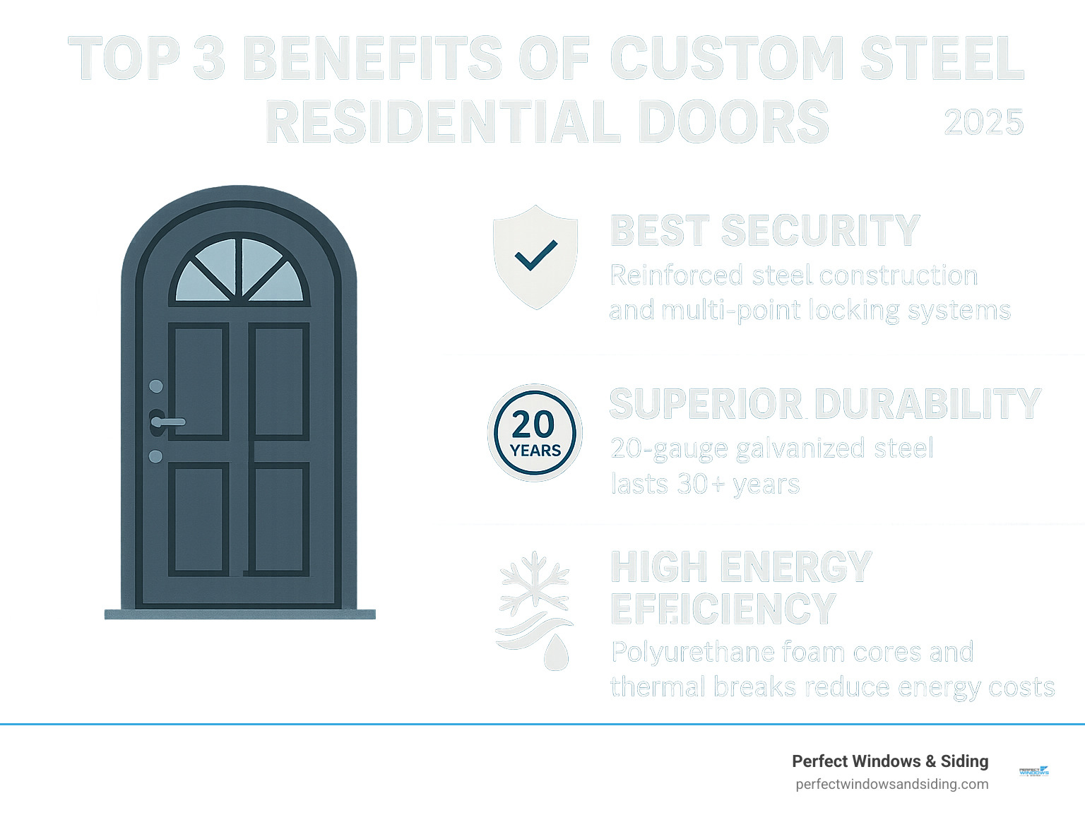 Infographic showing the top 3 benefits of custom steel residential doors: Best Security with reinforced steel construction and multi-point locking systems, Superior Durability with 20-gauge galvanized steel lasting 30+ years, and High Energy Efficiency with polyurethane foam cores and thermal breaks reducing energy costs - custom steel residential doors infographic 