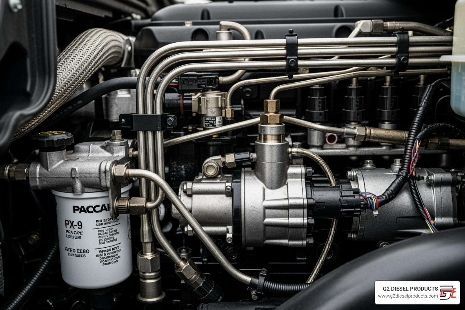 Paccar PX-9 engine in a Peterbilt truck engine bay