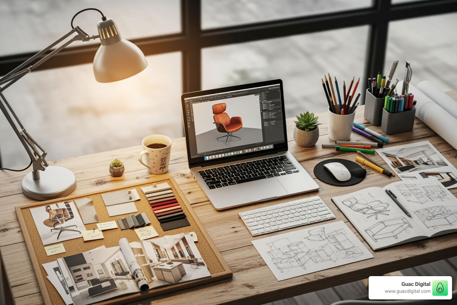 A designer's desk with mood boards, sketches, and a computer screen showing design software - visual identity creation