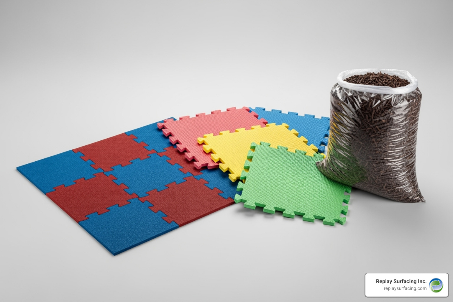 Rubber tiles, interlocking foam mats, and a bag of rubber mulch side-by-side – playground flooring