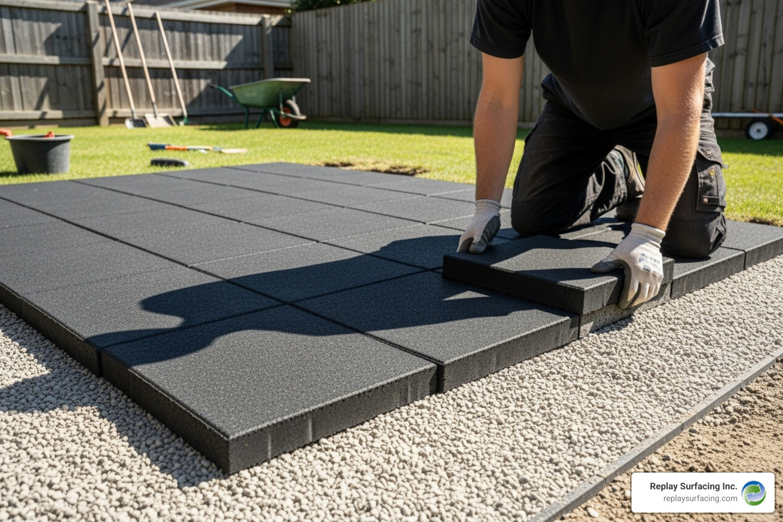 A person laying rubber pavers onto a prepared, compacted gravel base – playground flooring installation