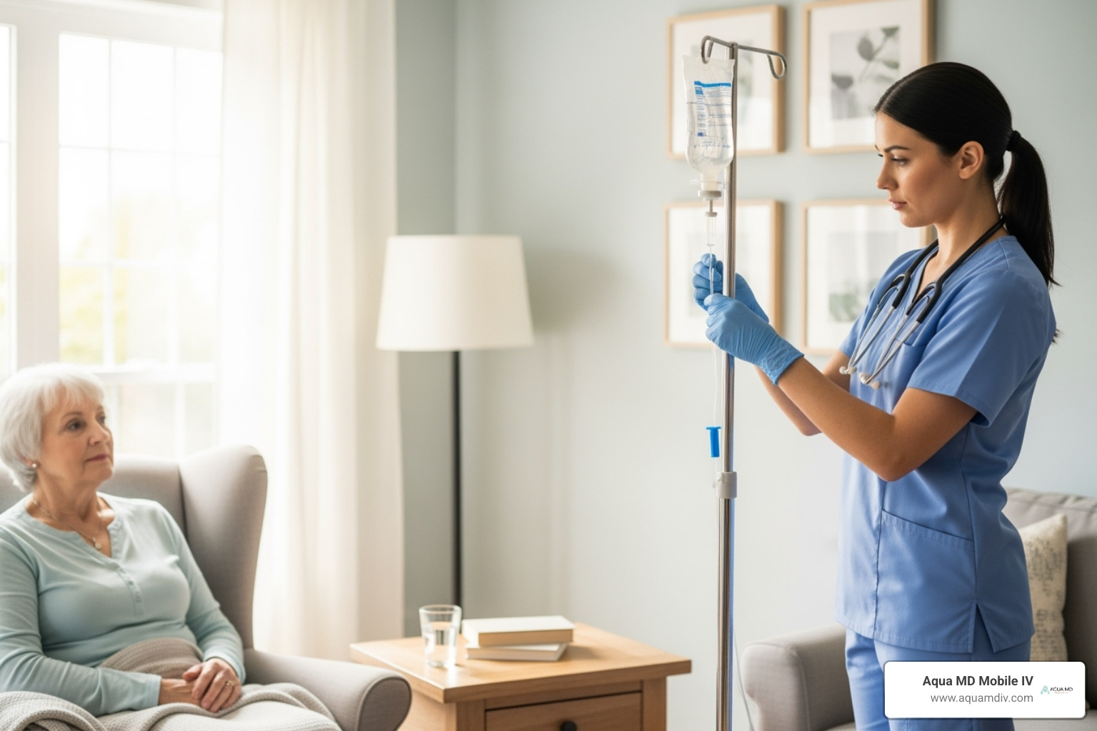 registered nurse professionally setting up an IV drip in a clean, comfortable home environment - iv fluids near me