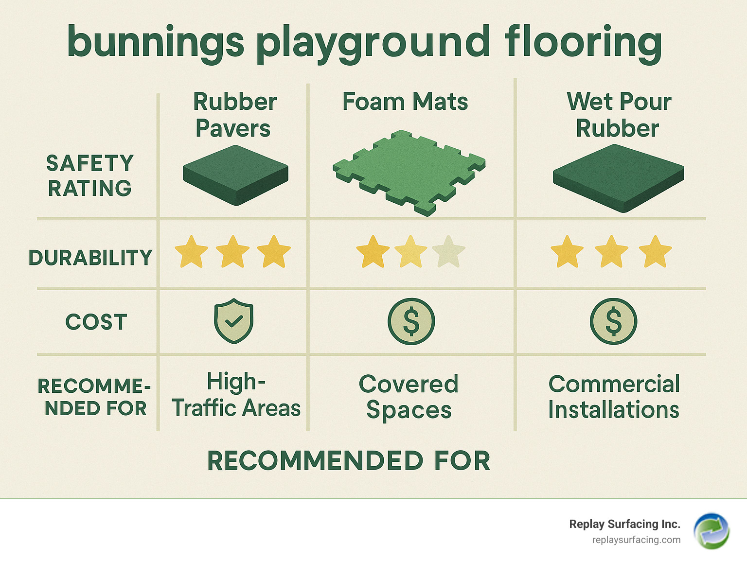 Comprehensive comparison chart showing safety ratings, durability factors, and cost analysis for different playground flooring types including rubber pavers, foam mats, and professional wet pour surfaces with specific recommendations for high-traffic commercial installations – playground flooring infographic