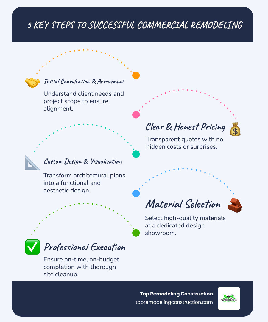 Infographic showing the 5 key steps of successful commercial remodeling: Initial Consultation & Assessment, Clear & Honest Pricing, Custom Design & Visualization, Material Selection, and Professional Execution with timeline of completion in as little as 26 days - expert design and remodeling infographic infographic-line-5-steps-blues-accent_colors Infographic showing the 5 key steps of successful commercial remodeling: Initial Consultation & Assessment, Clear & Honest Pricing, Custom Design & Visualization, Material Selection, and Professional Execution with timeline of completion in as little as 26 days - expert design and remodeling infographic infographic-line-5-steps-blues-accent_colors