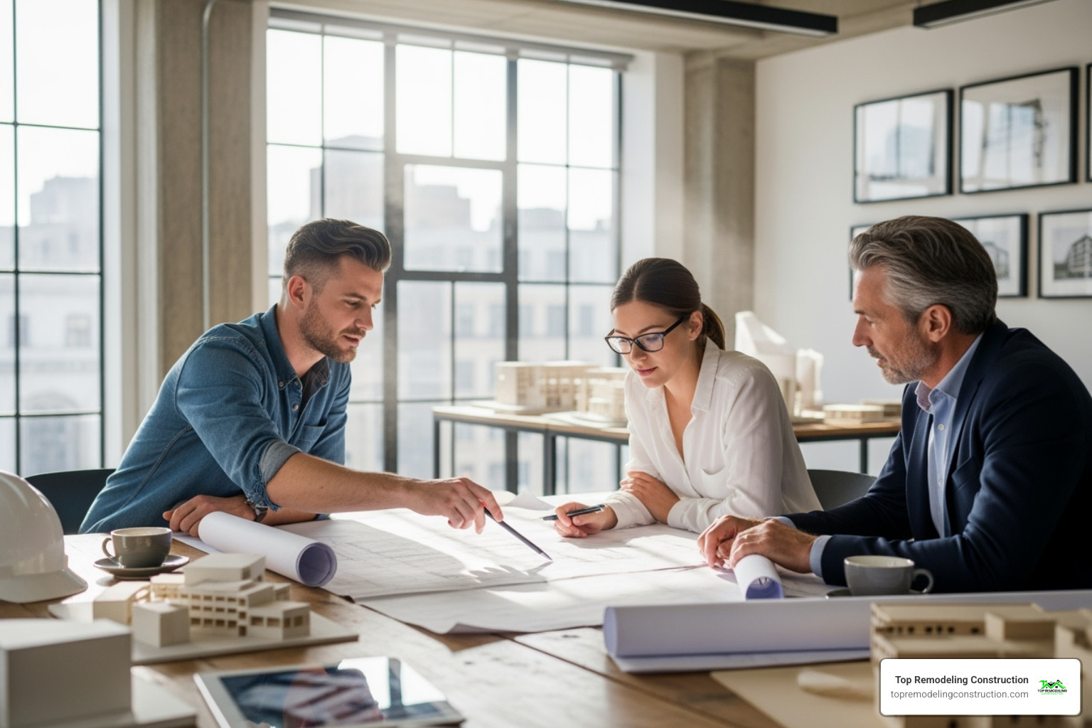 designers collaborating with a client over blueprints - expert design and remodeling designers collaborating with a client over blueprints - expert design and remodeling