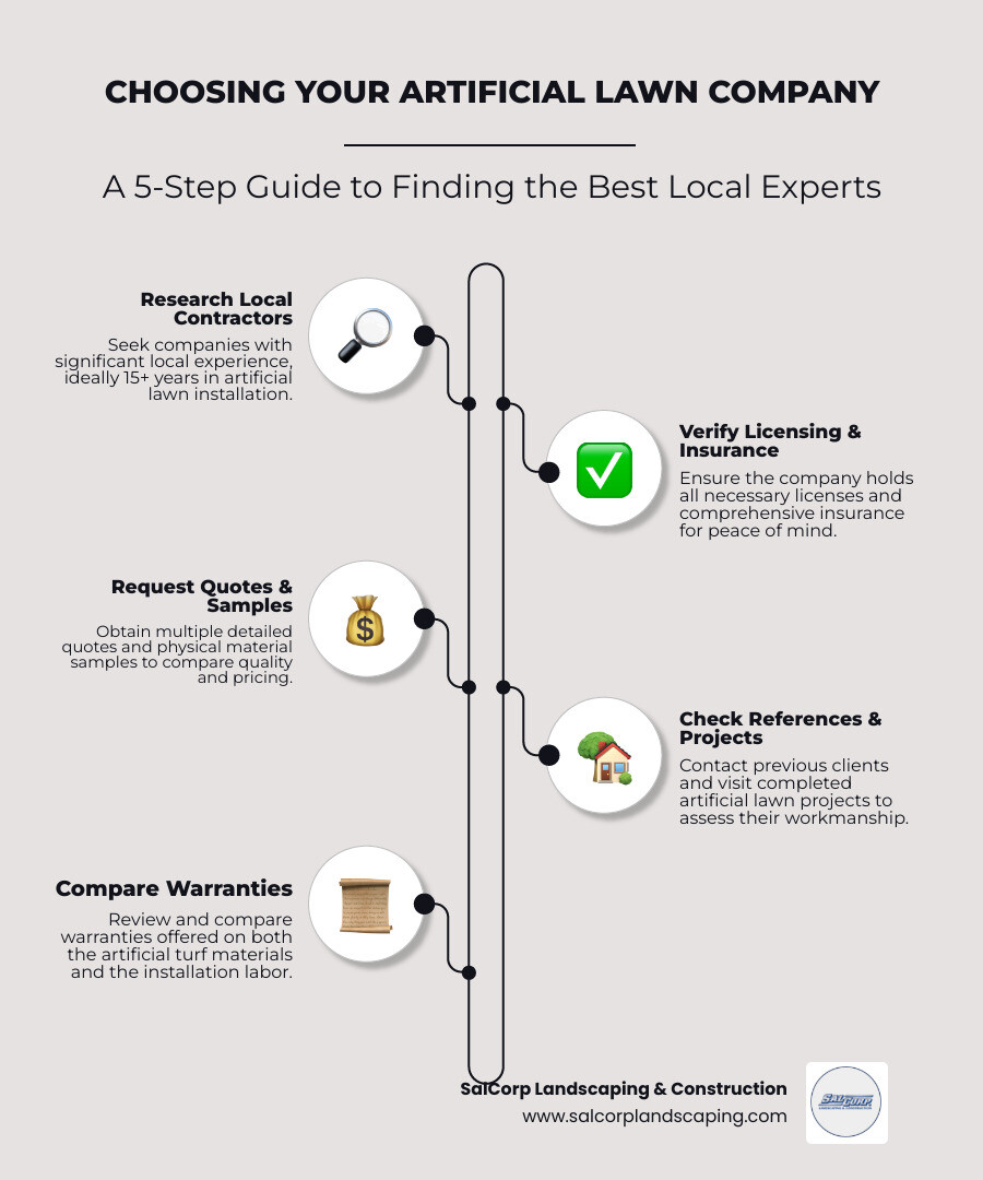 Comprehensive guide showing the 5-step process for choosing artificial lawn companies: 1) Research local contractors with 15+ years experience, 2) Verify licensing and insurance, 3) Request multiple quotes and material samples, 4) Check references and view completed projects, 5) Compare warranties on both materials and installation - artificial lawn companies near me infographic Comprehensive guide showing the 5-step process for choosing artificial lawn companies: 1) Research local contractors with 15+ years experience, 2) Verify licensing and insurance, 3) Request multiple quotes and material samples, 4) Check references and view completed projects, 5) Compare warranties on both materials and installation - artificial lawn companies near me infographic