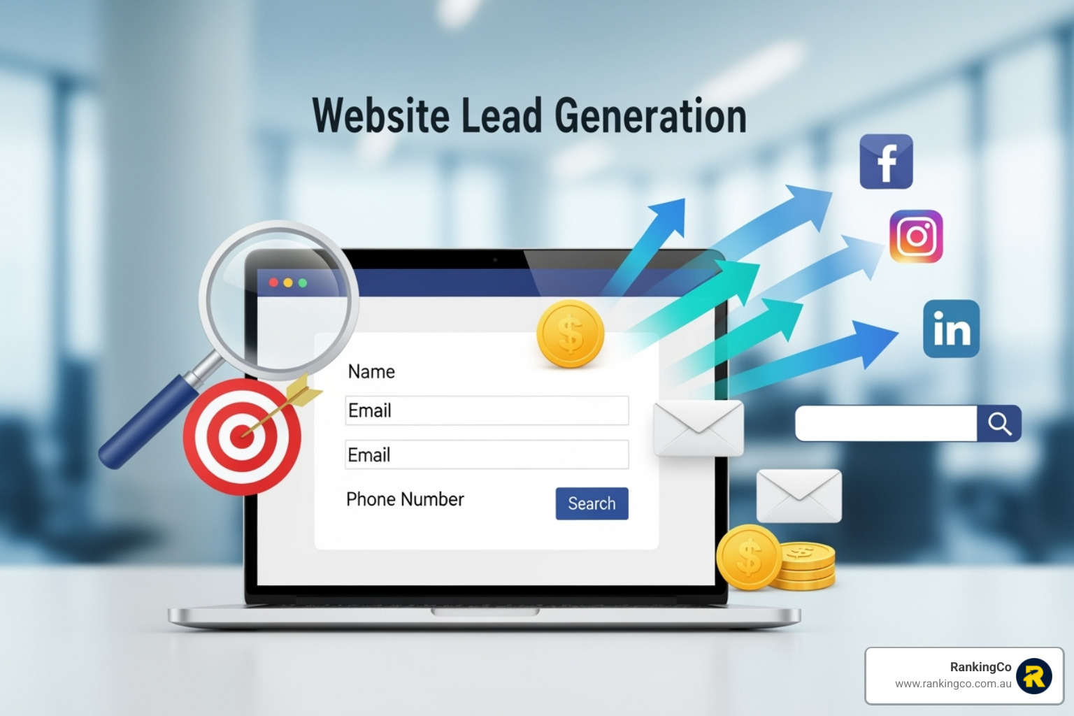 A compelling landing page for a digital marketing service, featuring a prominent headline, concise benefit-driven copy, a clear call-to-action button, and subtle trust signals like client logos or a star rating - Website lead generation