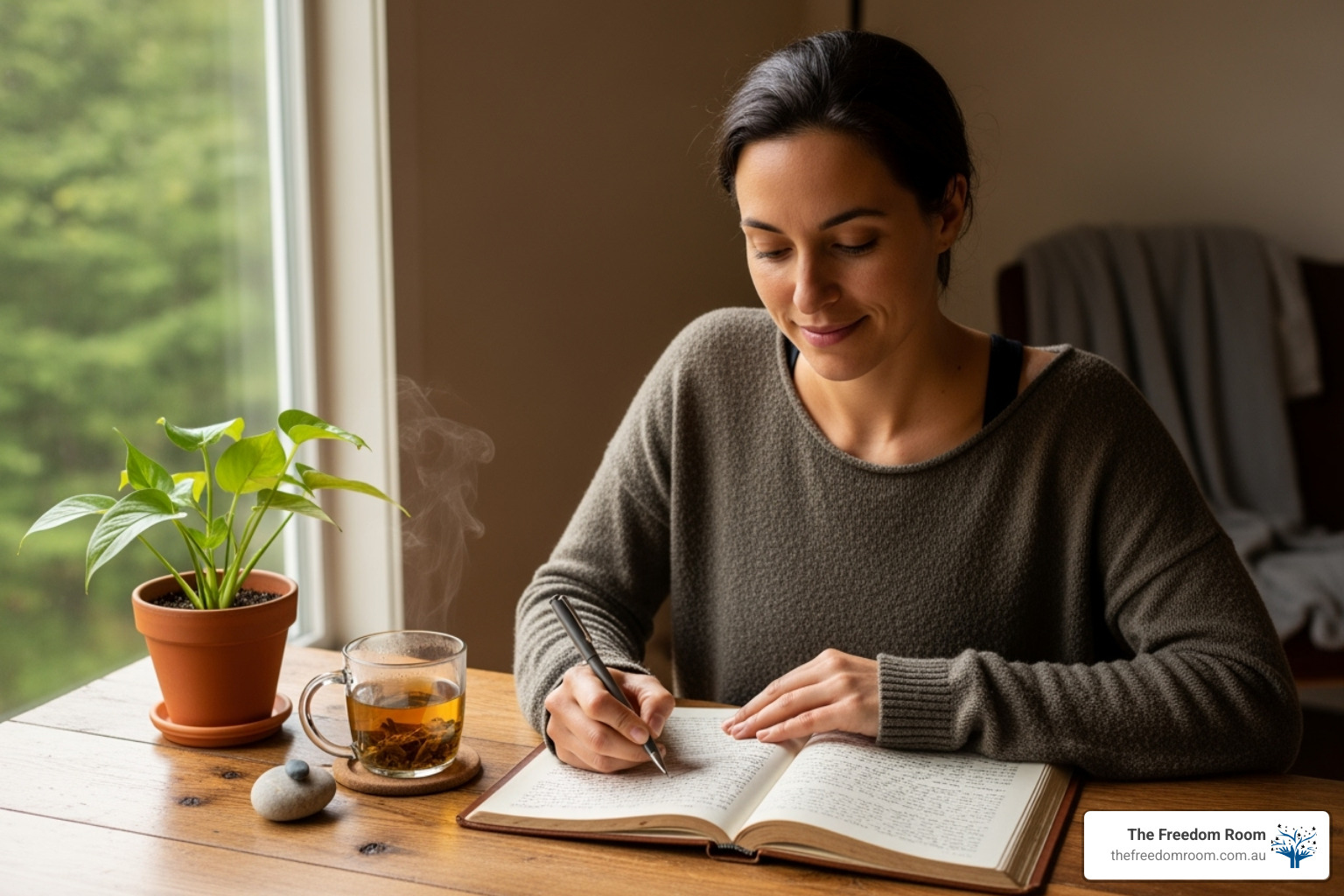 of a person writing in a journal, making a list - alcohol addiction self help of a person writing in a journal, making a list - alcohol addiction self help