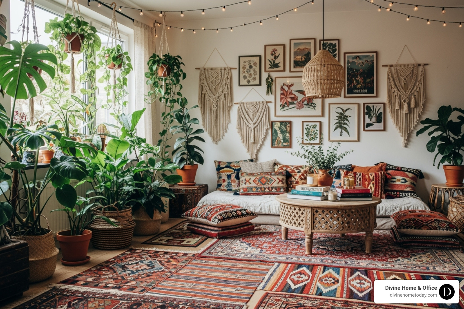 a vibrant Bohemian living room with layered rugs, plants, and macrame wall hangings - different interior design styles