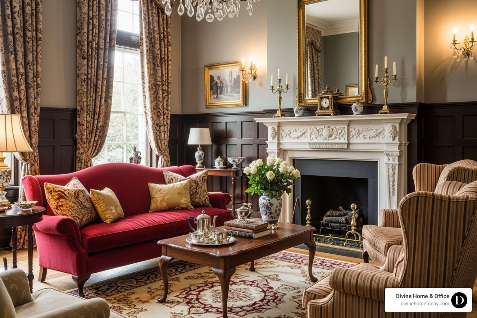a sophisticated traditional living room with wainscoting and a classic sofa - different interior design styles