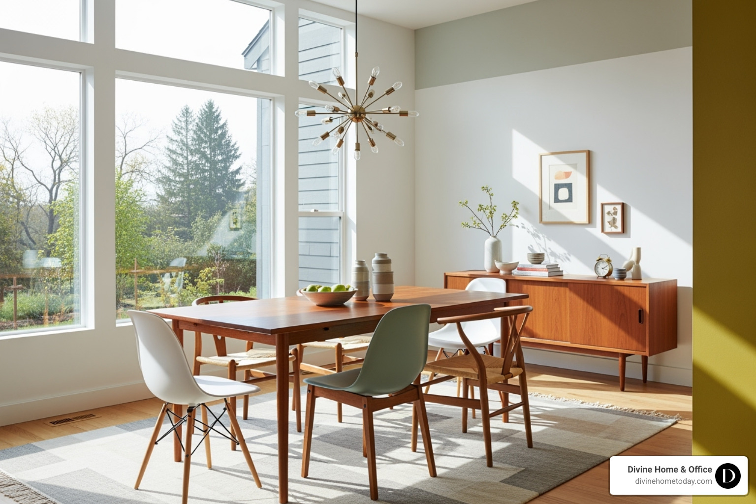 a bright Mid-Century Modern dining area with iconic chairs and a simple wooden table - different interior design styles