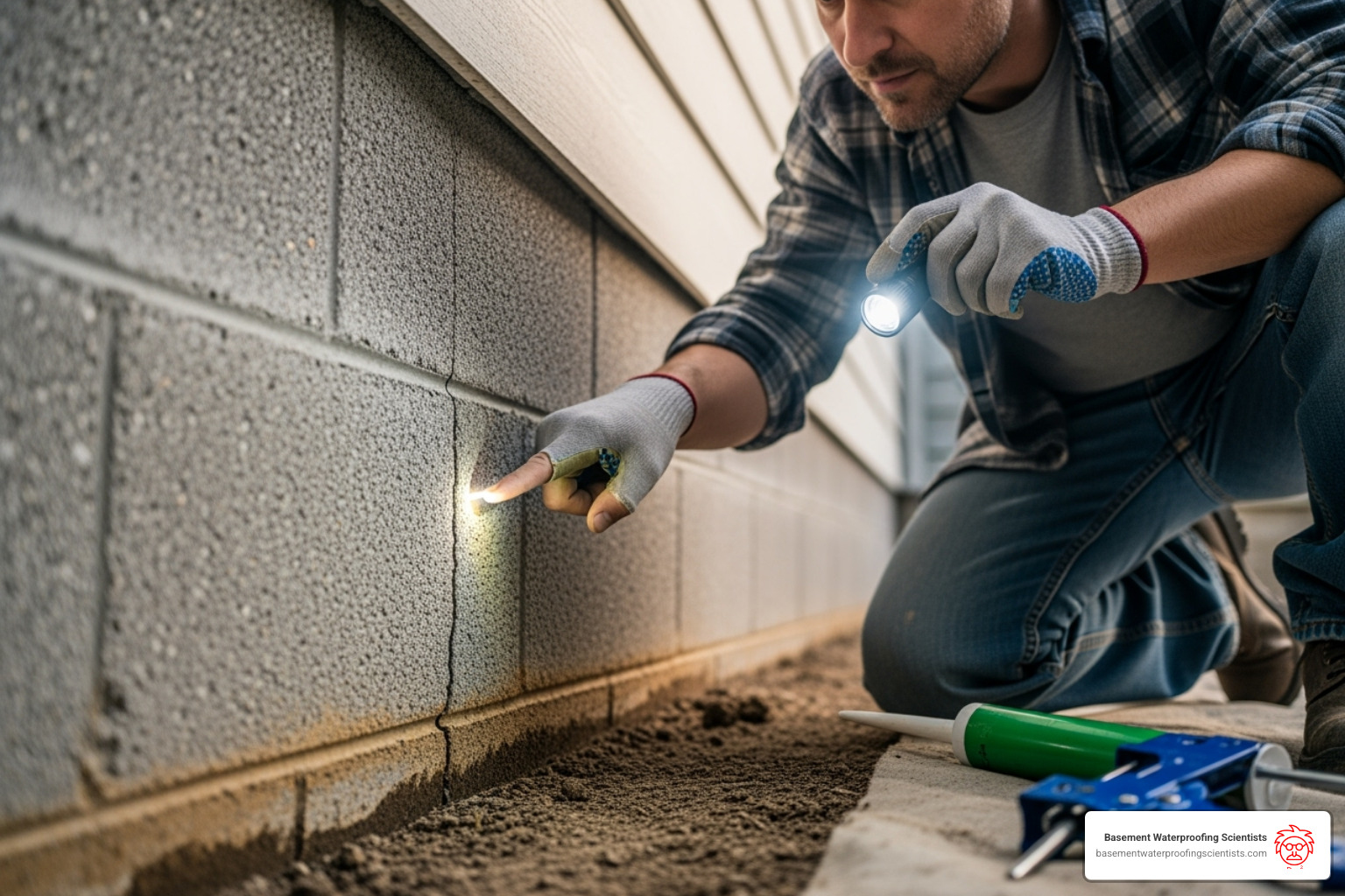 A homeowner inspecting their foundation wall before sealing - best foundation sealer A homeowner inspecting their foundation wall before sealing - best foundation sealer