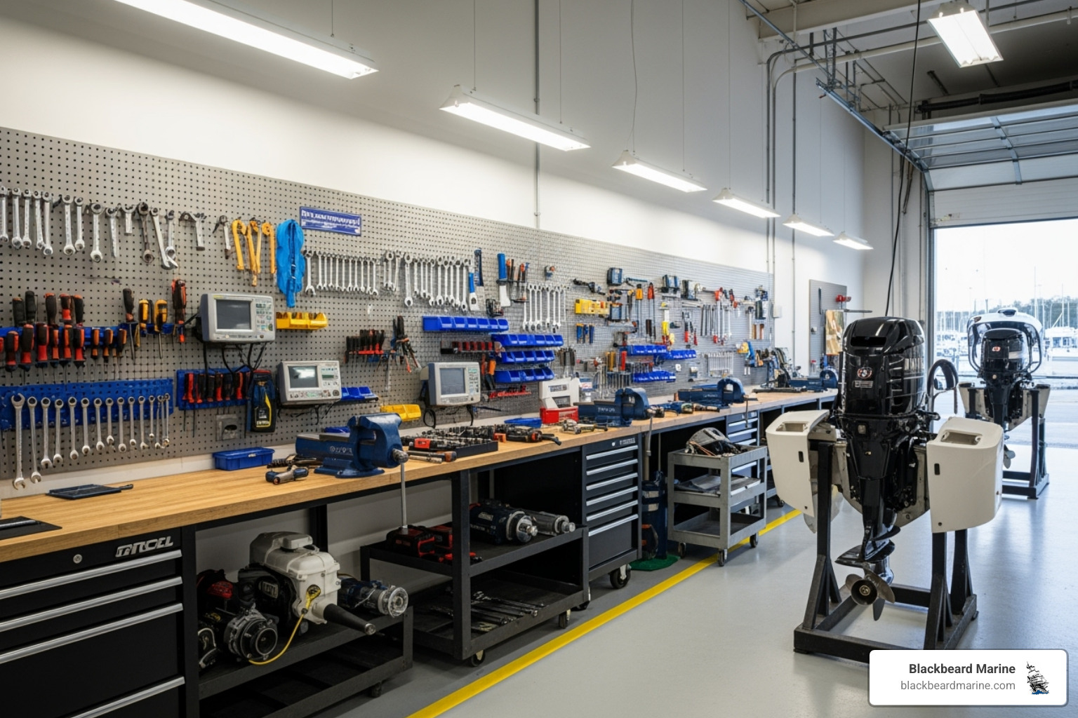 A clean and organized boat service department, featuring various tools neatly arranged on pegboards, workbenches, and possibly a boat or outboard engine being serviced in the background. The space is well-lit and professional - yamaha outboard parts
