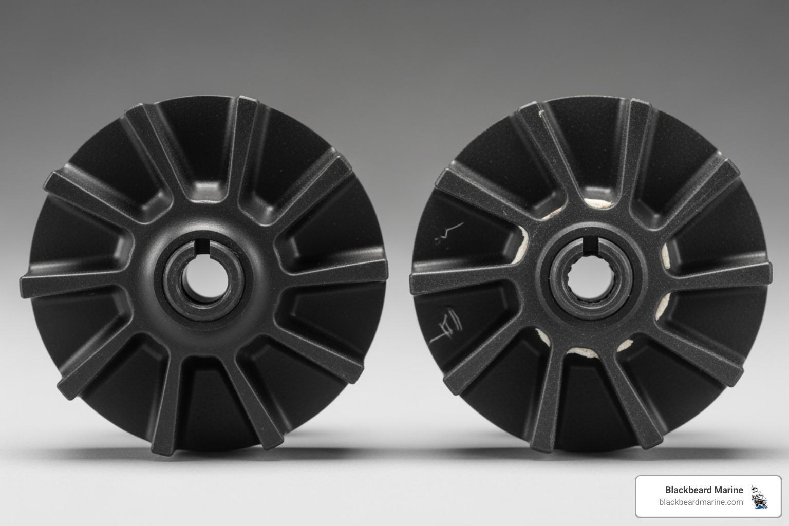 A side-by-side comparison image showing a genuine Yamaha water pump impeller on one side, looking new and precisely molded, next to a generic or aftermarket impeller on the other, which might appear less refined or have slight imperfections - yamaha outboard parts