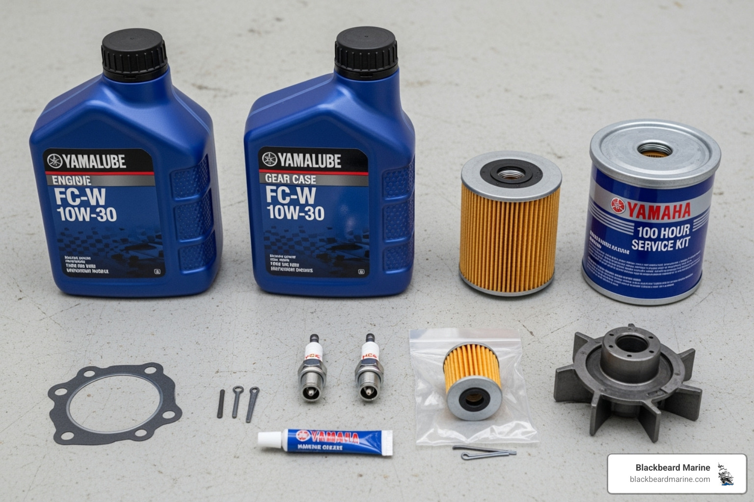 A flat lay image showing a Yamaha 100-hour service kit, prominently featuring Yamalube engine oil bottles, various filters (oil, fuel), spark plugs, and a new water pump impeller, all neatly arranged - yamaha outboard parts
