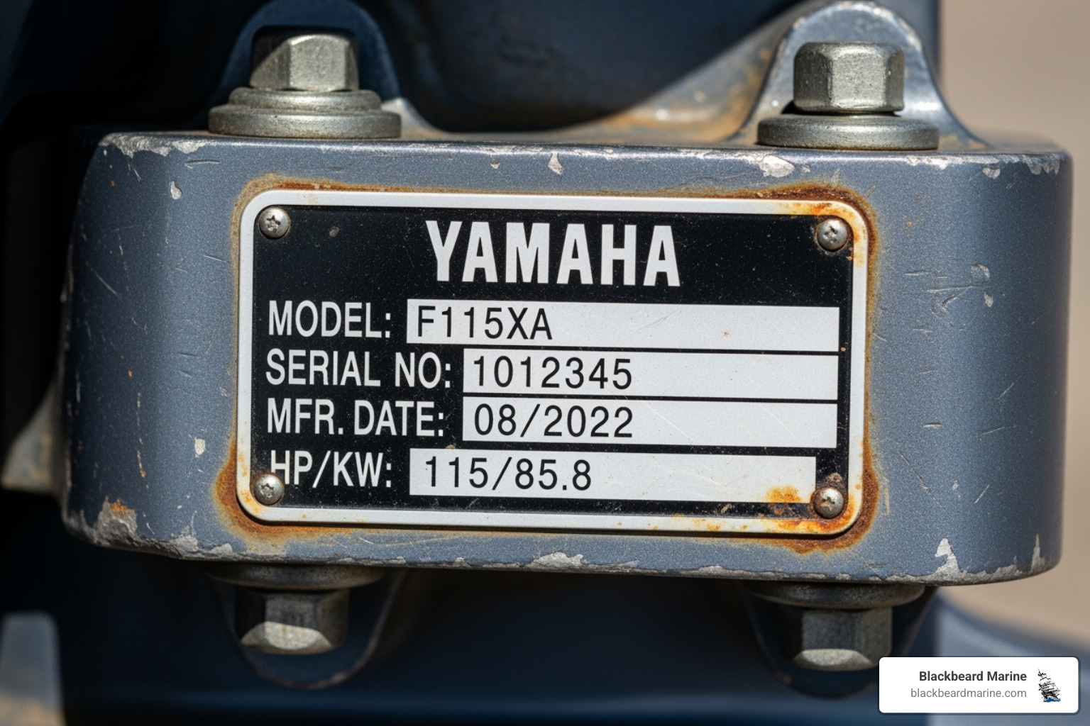 A close-up image of a Yamaha outboard motor's identification plate on the transom clamp bracket, clearly showing the model and serial number details - yamaha outboard parts