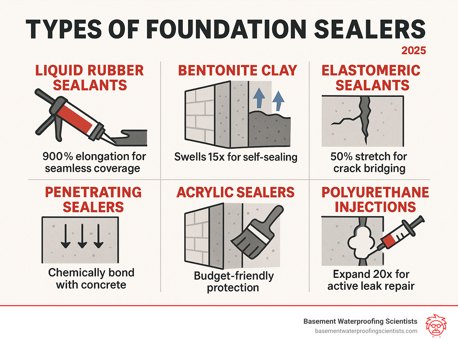 Comprehensive infographic showing the six main types of foundation sealers with their key characteristics: liquid rubber sealants with 900% elongation for seamless coverage, bentonite clay that swells 15 times for self-sealing, elastomeric sealants stretching 50% for crack bridging, penetrating sealers that chemically bond with concrete, acrylic sealers for budget-friendly protection, and polyurethane injections that expand 20 times for active leak repair - best foundation sealer infographic  Comprehensive infographic showing the six main types of foundation sealers with their key characteristics: liquid rubber sealants with 900% elongation for seamless coverage, bentonite clay that swells 15 times for self-sealing, elastomeric sealants stretching 50% for crack bridging, penetrating sealers that chemically bond with concrete, acrylic sealers for budget-friendly protection, and polyurethane injections that expand 20 times for active leak repair - best foundation sealer infographic