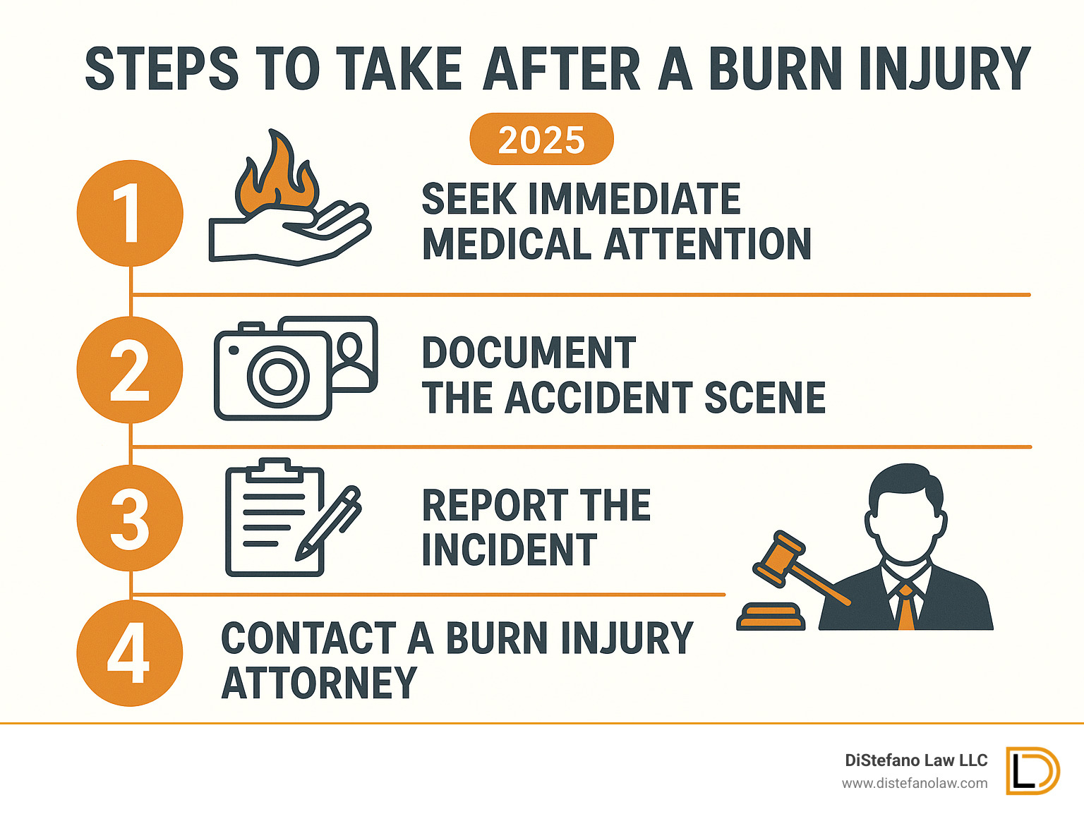 Infographic showing immediate steps after burn injury: 1. Seek immediate medical attention and follow all treatment recommendations, 2. Document the accident scene with photos and witness information, 3. Report the incident to relevant authorities or employers within required timeframes, 4. Contact an experienced burn injury attorney before speaking with insurance companies - burn injury attorney fort lauderdale infographic 