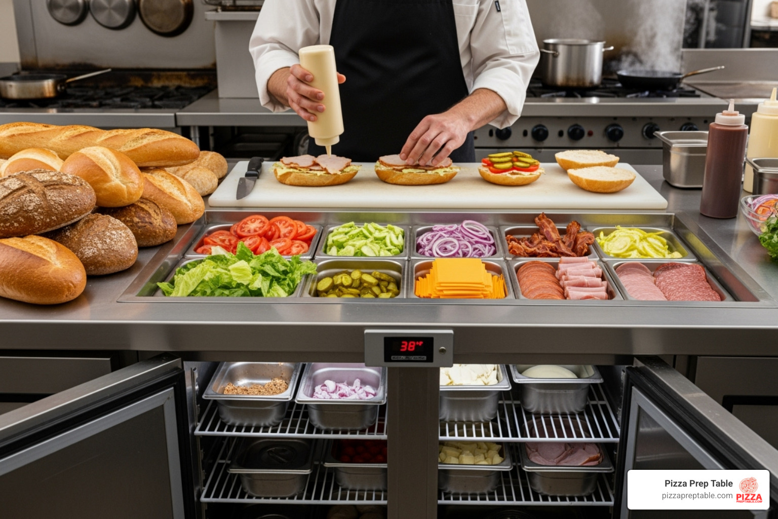48-inch two-door sandwich prep table being used - sandwich prep table