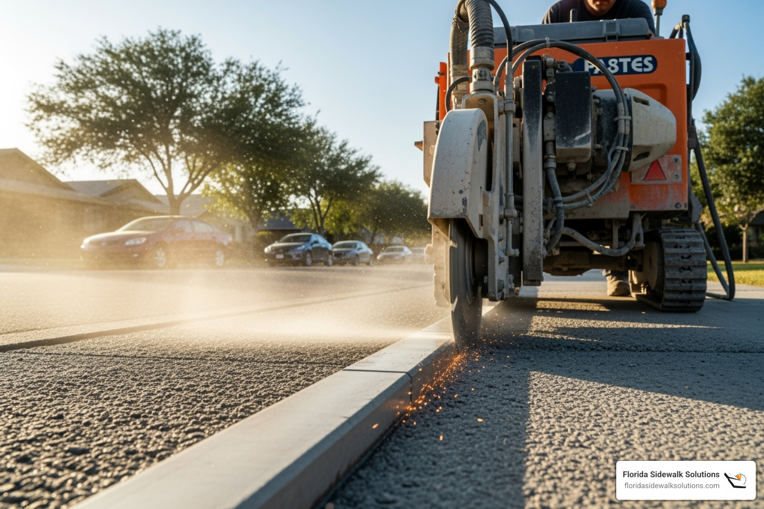 precision concrete cutting machine creating a smooth, level surface - residential concrete sidewalk repair