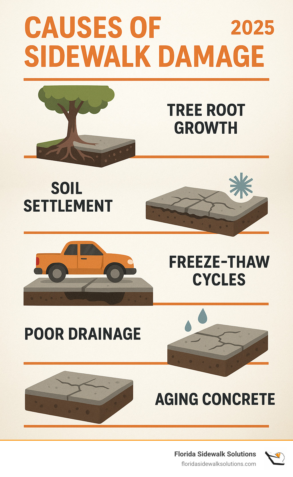 Detailed infographic showing common causes of sidewalk damage including tree root growth lifting concrete slabs, soil settlement causing uneven surfaces, freeze-thaw cycles creating cracks, heavy vehicle traffic causing wear, poor drainage leading to erosion, and aging concrete developing structural weaknesses - residential concrete sidewalk repair infographic 