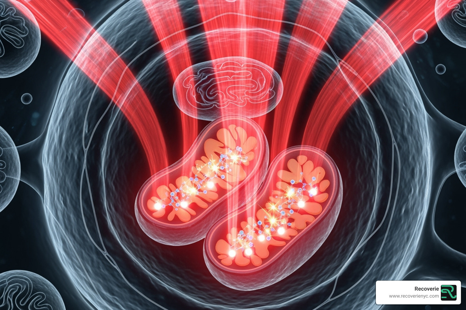 illustrating red light stimulating mitochondria in a cell - Red light therapy benefits